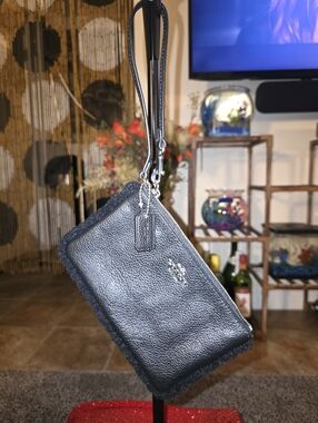 Coach Black Pebbled Leather Wristlet with Shearling Trim and Hang Tag